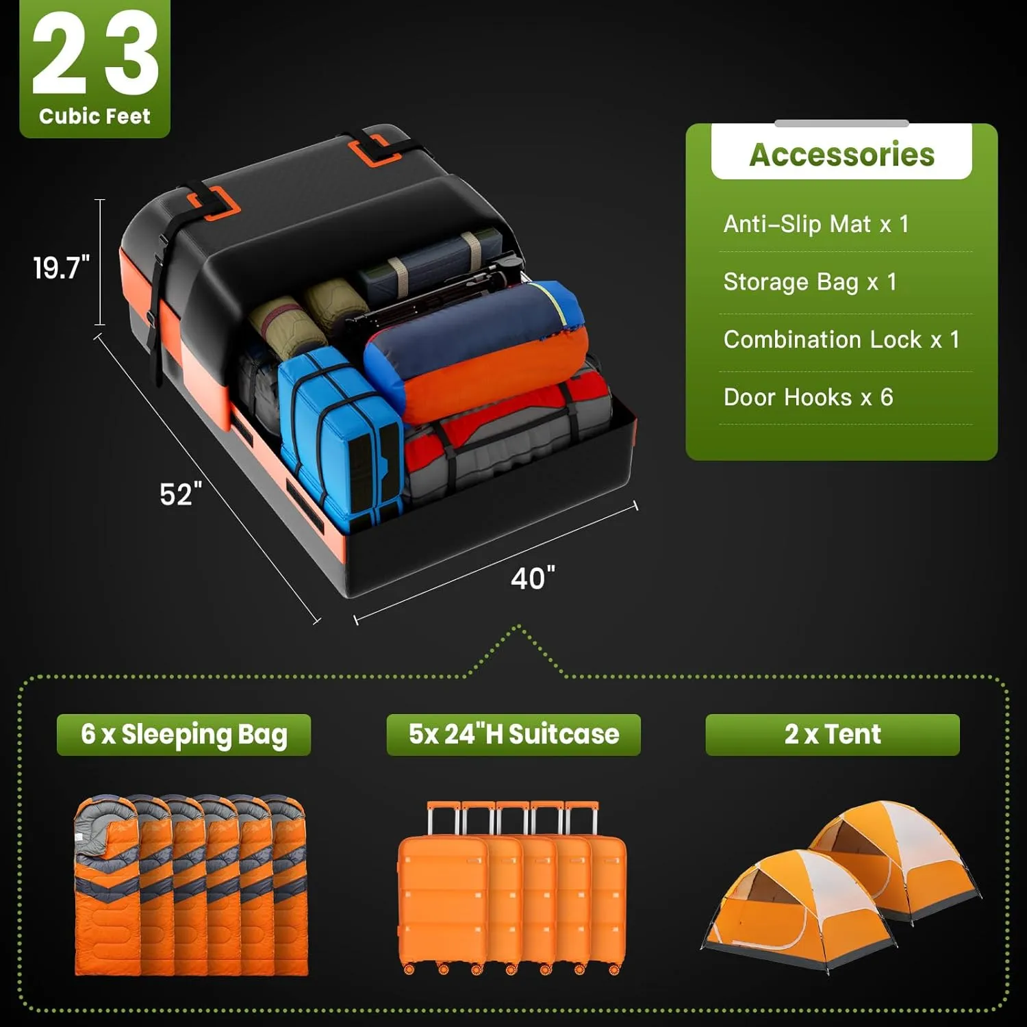 23 Cubic Feet Car Rooftop Cargo Bag Carrier, Soft Roof Top Luggage Bag for All Vechicles with/Without Rack - with Waterproof Zip, Anti-Slip Mat, Luggage Lock, Storage Bag, Door Hooks, Orange