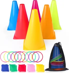 3 in 1 Carnival Outdoor Games Combo Set, Cornhole Bean Bags Ring Toss Game for Kids Adults Birthday Party Backyard Games Obstacle Course Supplies Plastic Cone Set 26 Piece