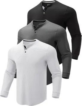 3 Pack Mens Waffle Henley Thermal Long Sleeve Shirts, Casual Fitted Fall Shirts for Men