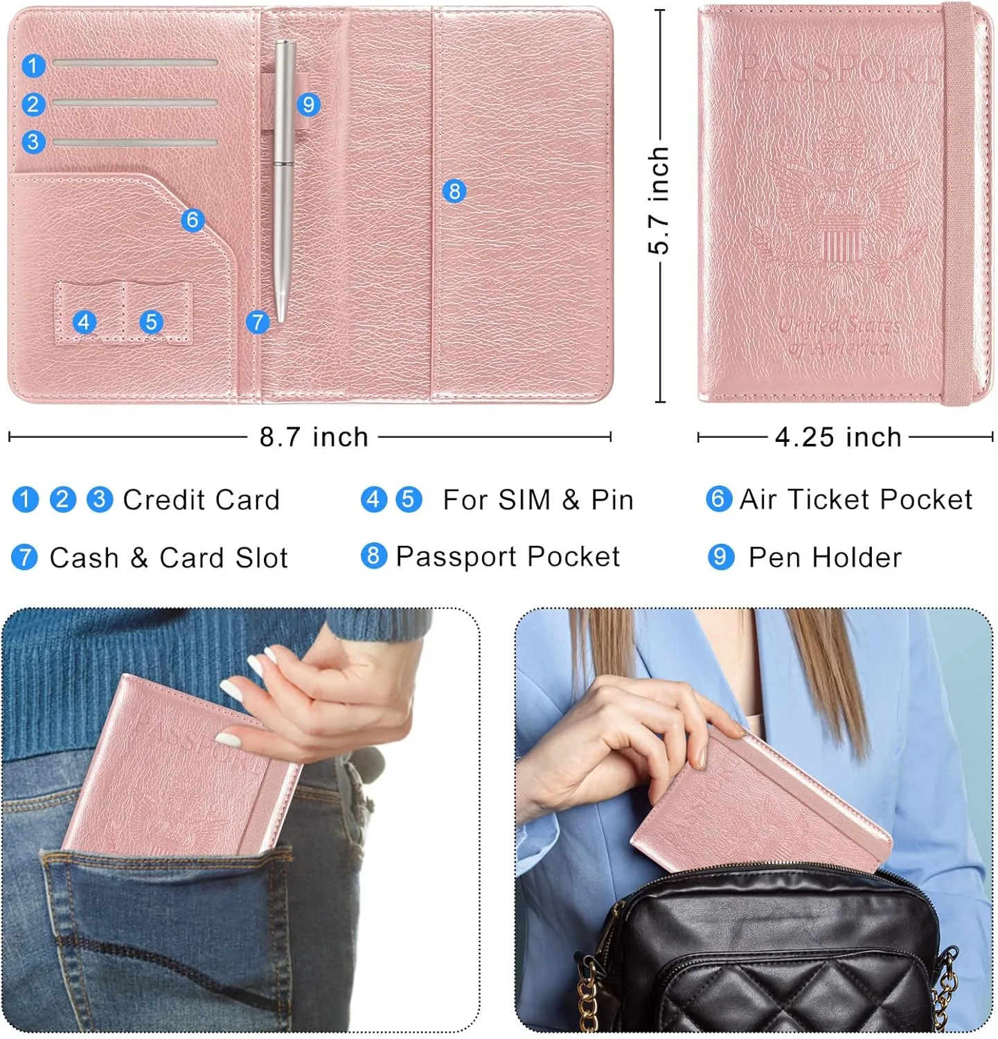 ACdream RFID Blocking Passport Holder Travel Wallet - Premium PU Leather Cover Passport Book with Card Holder, Pen Slot, Keep Organization, and Travel Essentials for Women and Men