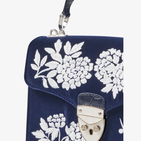 Aspinal Of London Velvet Leather Midi Shoulder Bag With Floral Embroidery dark blue
