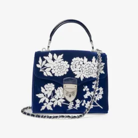 Aspinal Of London Velvet Leather Midi Shoulder Bag With Floral Embroidery dark blue