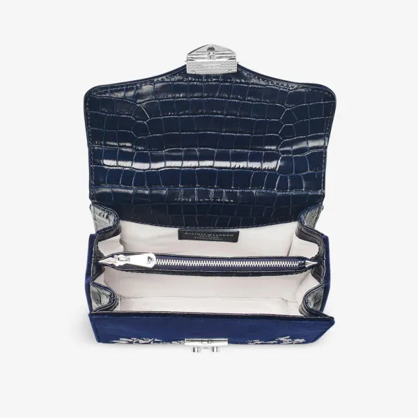 Aspinal Of London Velvet Leather Midi Shoulder Bag With Floral Embroidery dark blue