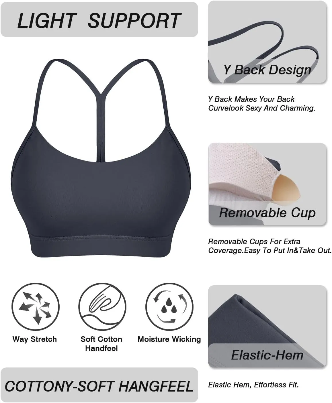 Comper Y Back Sports Bra for Women Low Impact Racerback Workout Bras Sexy Thin Straps Yoga Bras with Removable Pads