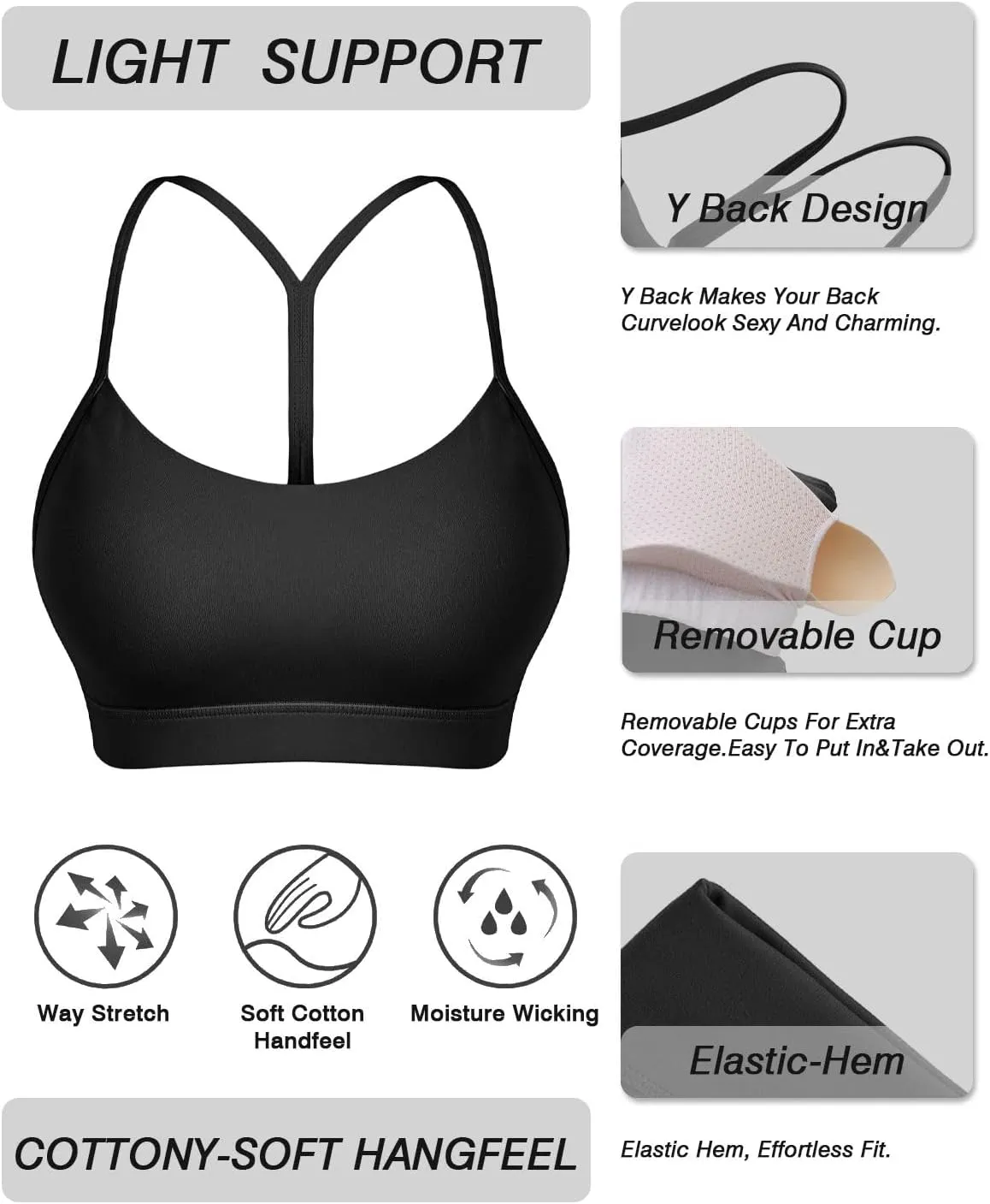 Comper Y Back Sports Bra for Women Low Impact Racerback Workout Bras Sexy Thin Straps Yoga Bras with Removable Pads