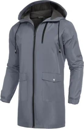 COOFANDY Men's Long Raincoat Ligtweight Rain Jacket Waterproof Outdoor Jackets with Hood