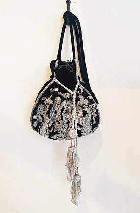 EMC Handmade Black Velvet Beaded Evening Purse
