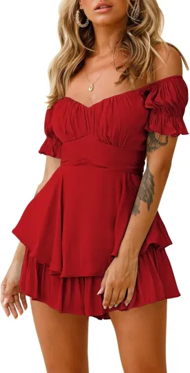 Fixmatti Women Boho Romper Off Shoulder Ruffle Chiffon Shorts Jumpsuit Playsuits