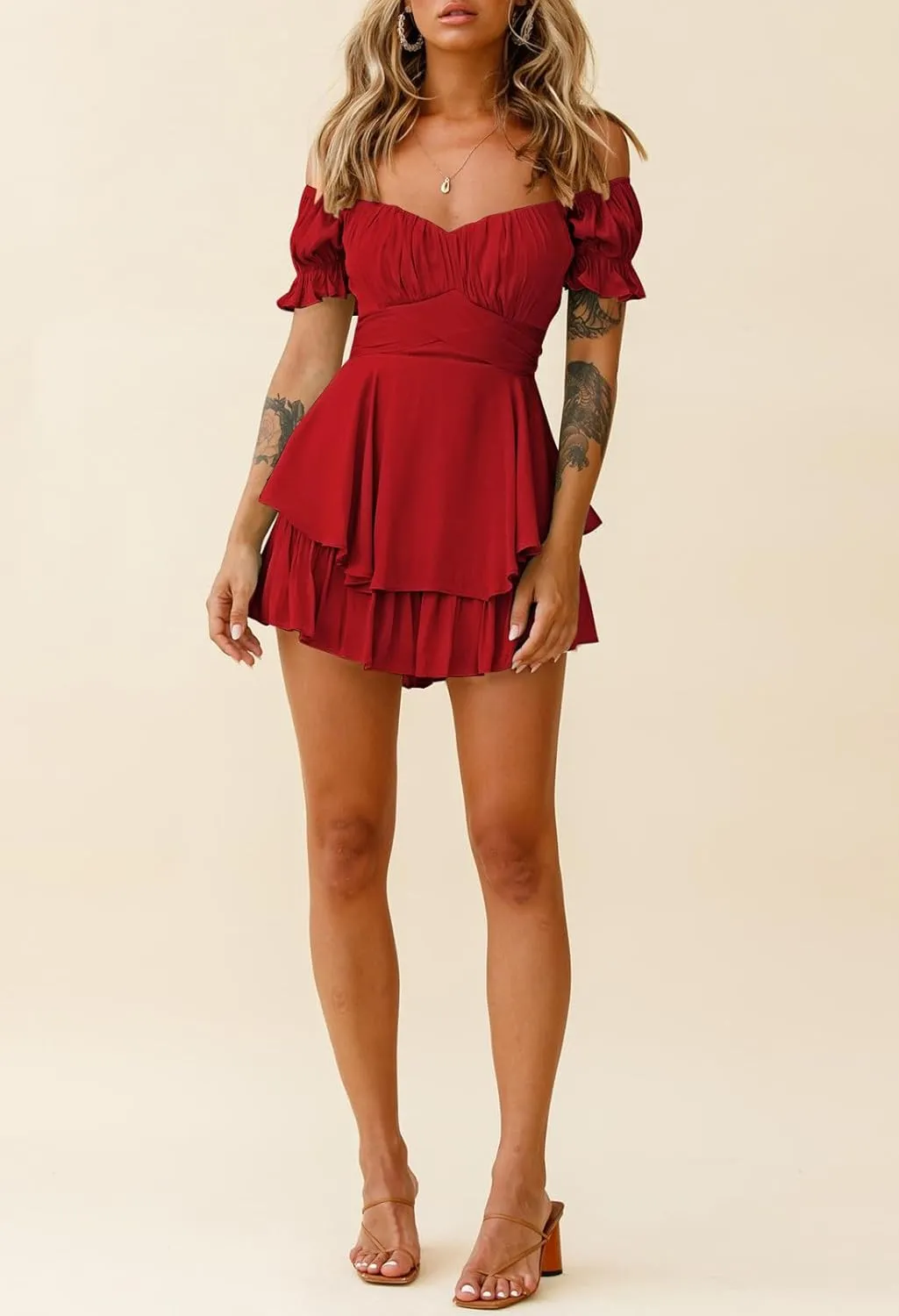 Fixmatti Women Boho Romper Off Shoulder Ruffle Chiffon Shorts Jumpsuit Playsuits