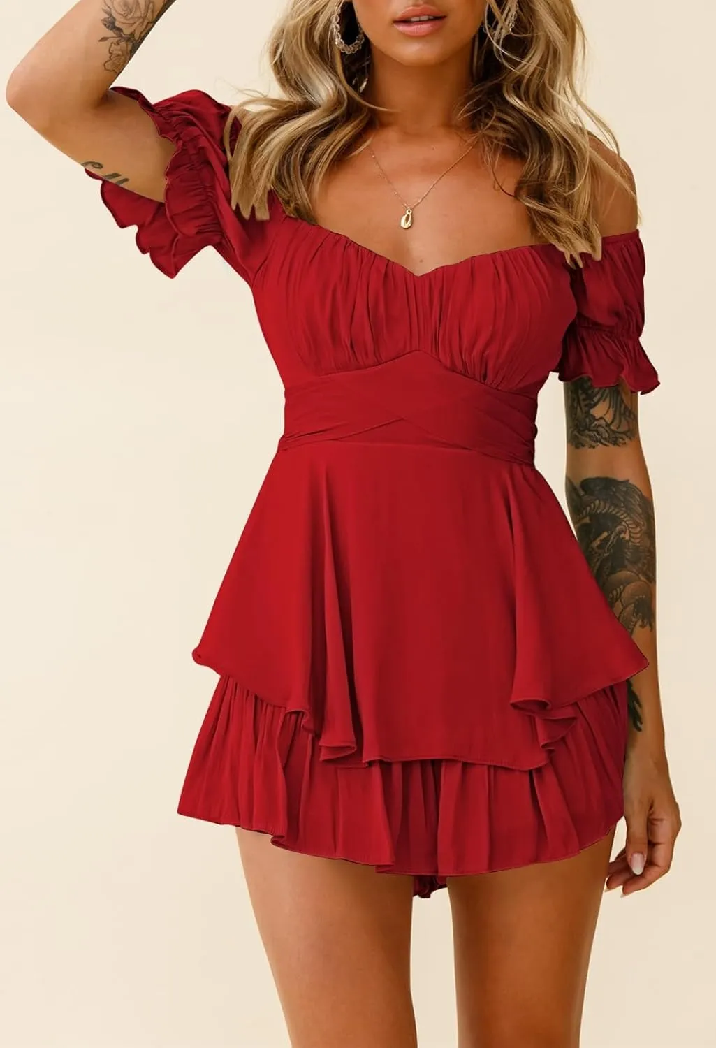 Fixmatti Women Boho Romper Off Shoulder Ruffle Chiffon Shorts Jumpsuit Playsuits