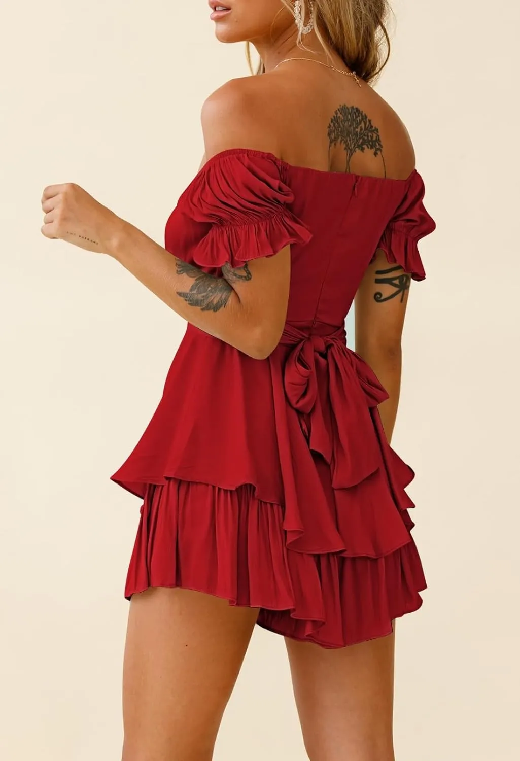 Fixmatti Women Boho Romper Off Shoulder Ruffle Chiffon Shorts Jumpsuit Playsuits