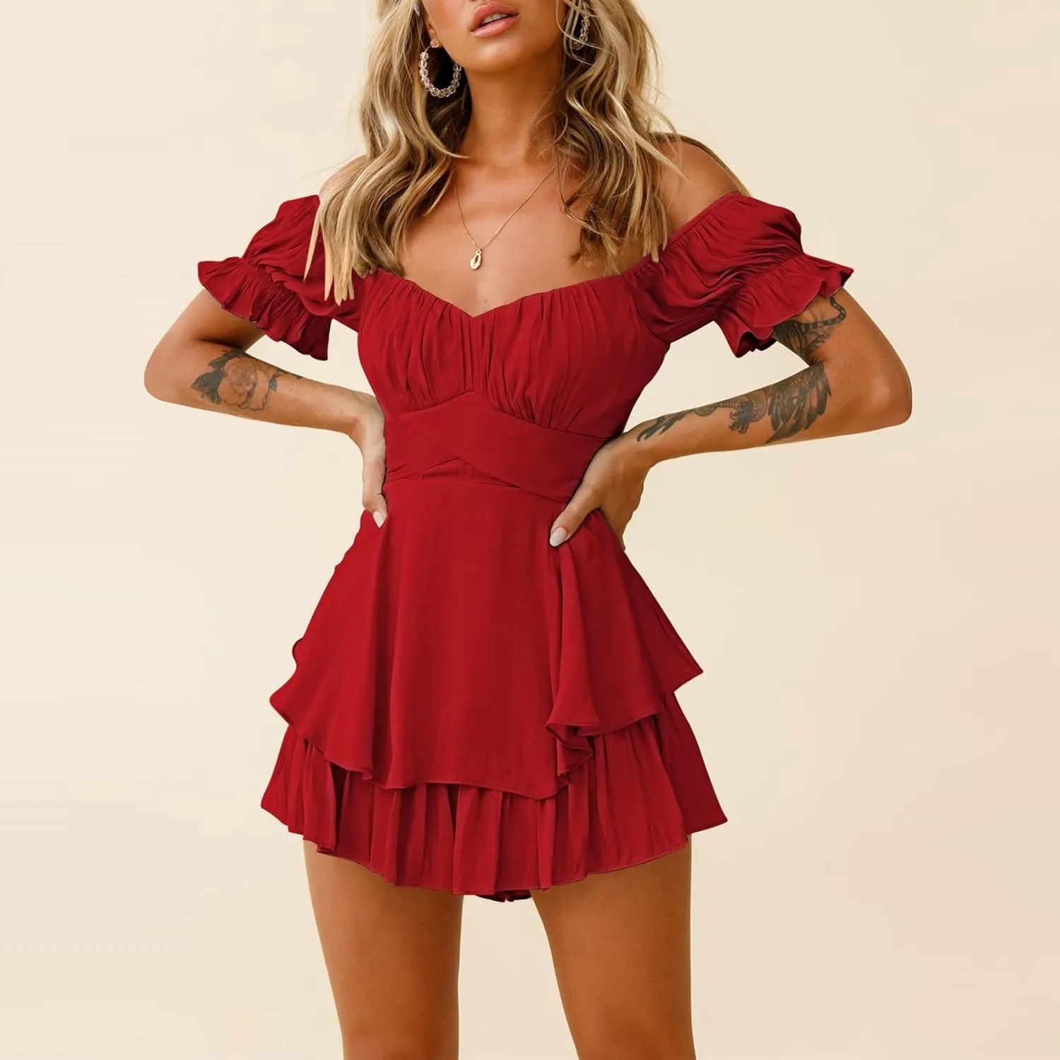 Fixmatti Women Boho Romper Off Shoulder Ruffle Chiffon Shorts Jumpsuit Playsuits