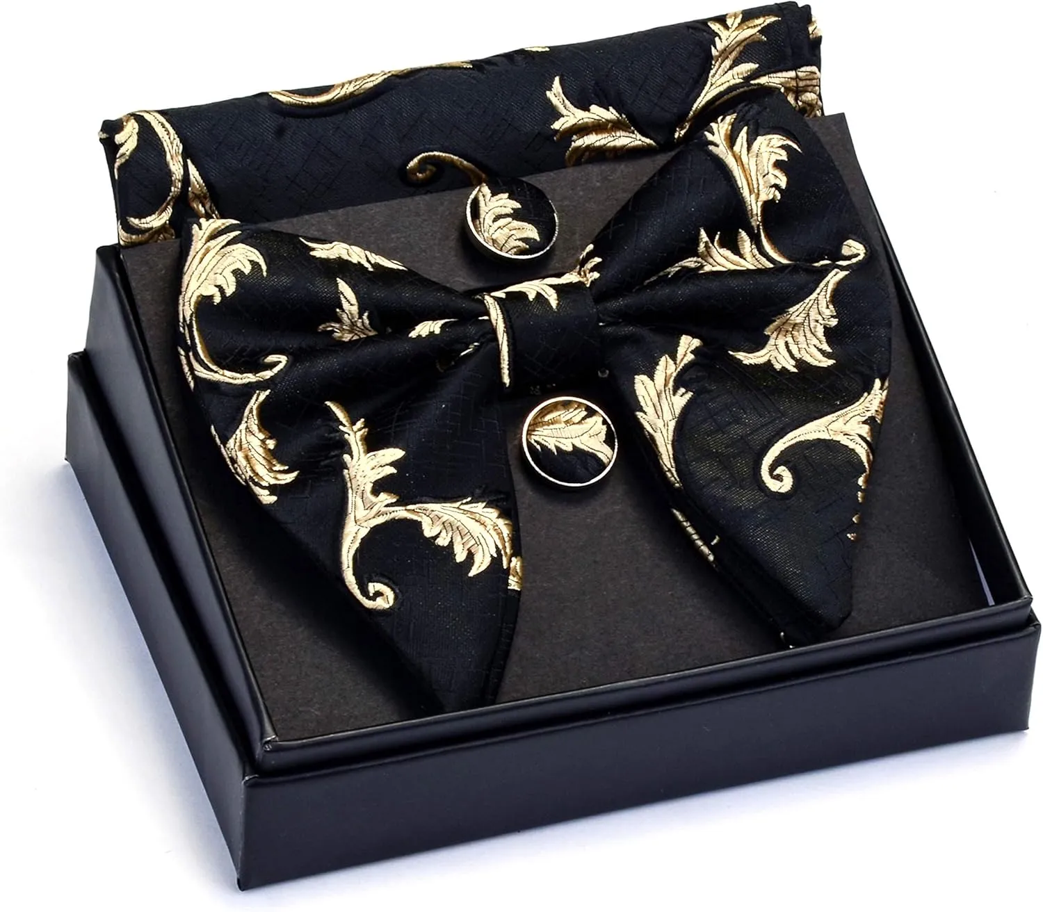 GUSLESON Fashion Floral Adjustable Pre-tied Big Bow Tie and Pocket Square Cufflink Set with Box