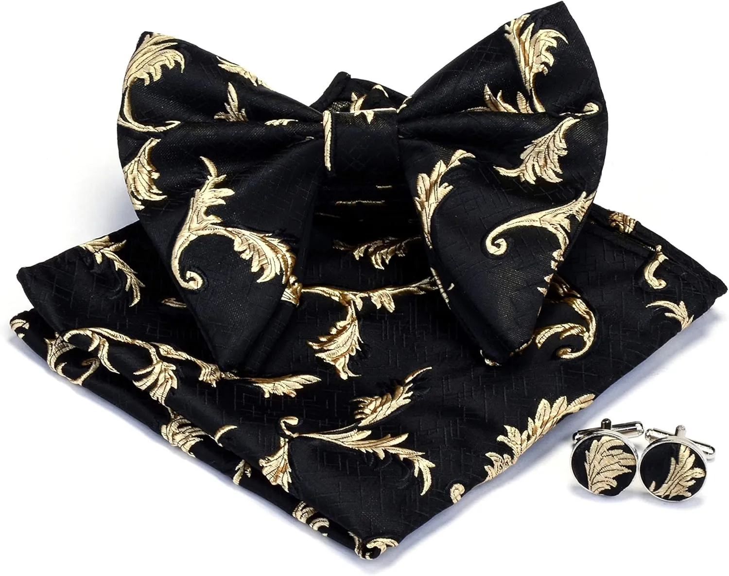 GUSLESON Fashion Floral Adjustable Pre-tied Big Bow Tie and Pocket Square Cufflink Set with Box