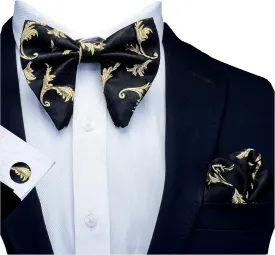 GUSLESON Fashion Floral Adjustable Pre-tied Big Bow Tie and Pocket Square Cufflink Set with Box