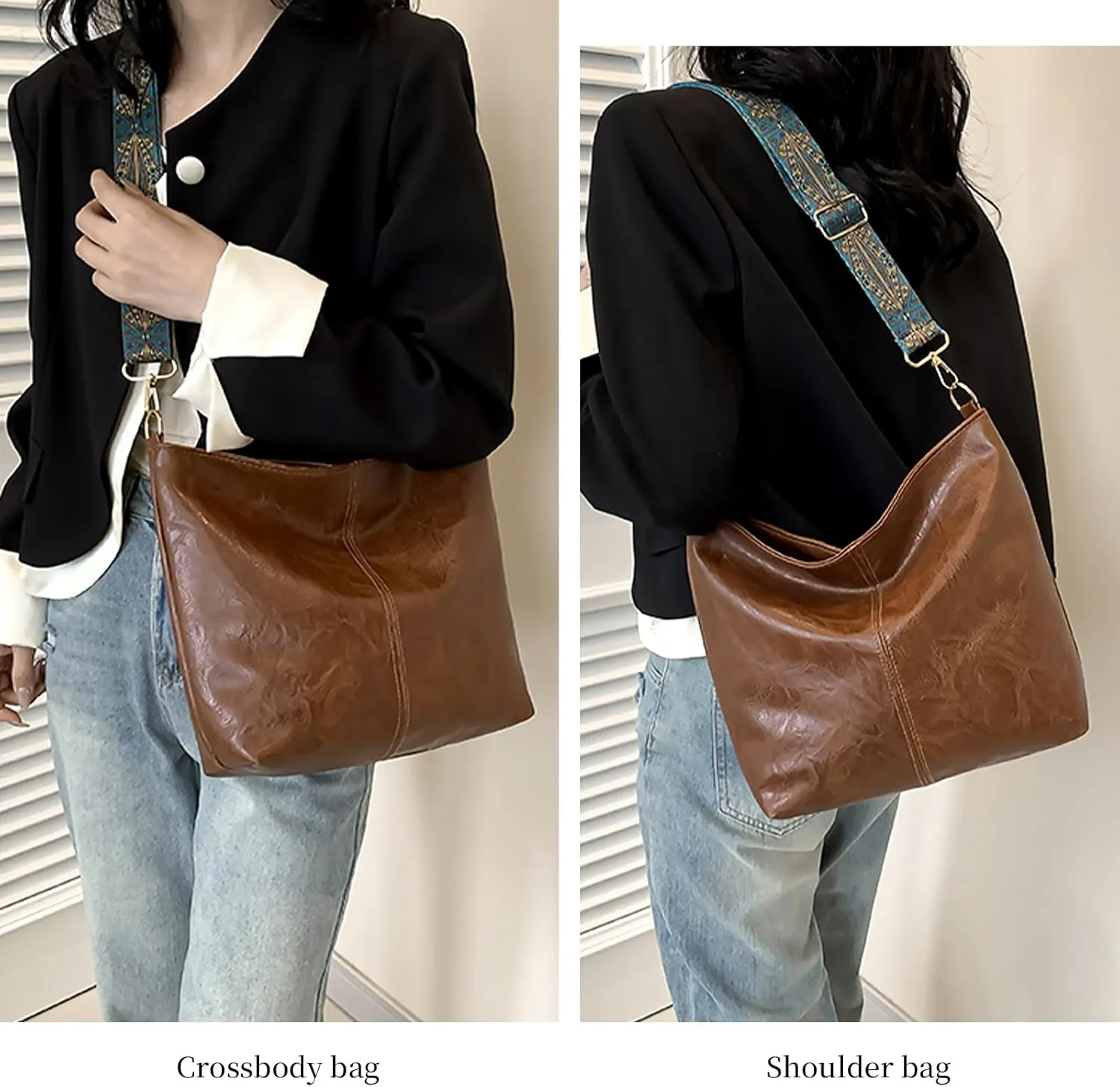 Hobo Bags for Women Crossbody Bag Guitar Strap Purse Vegan Leather Shoulder Handbags Boho Purses Tote Bucket Bag