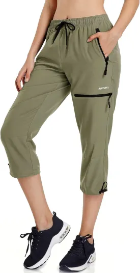 Ksmien Women's Lightweight Hiking Capri Pants Quick Dry Workout Cargo Capris Water Resistant UPF 50  Zipped Pockets
