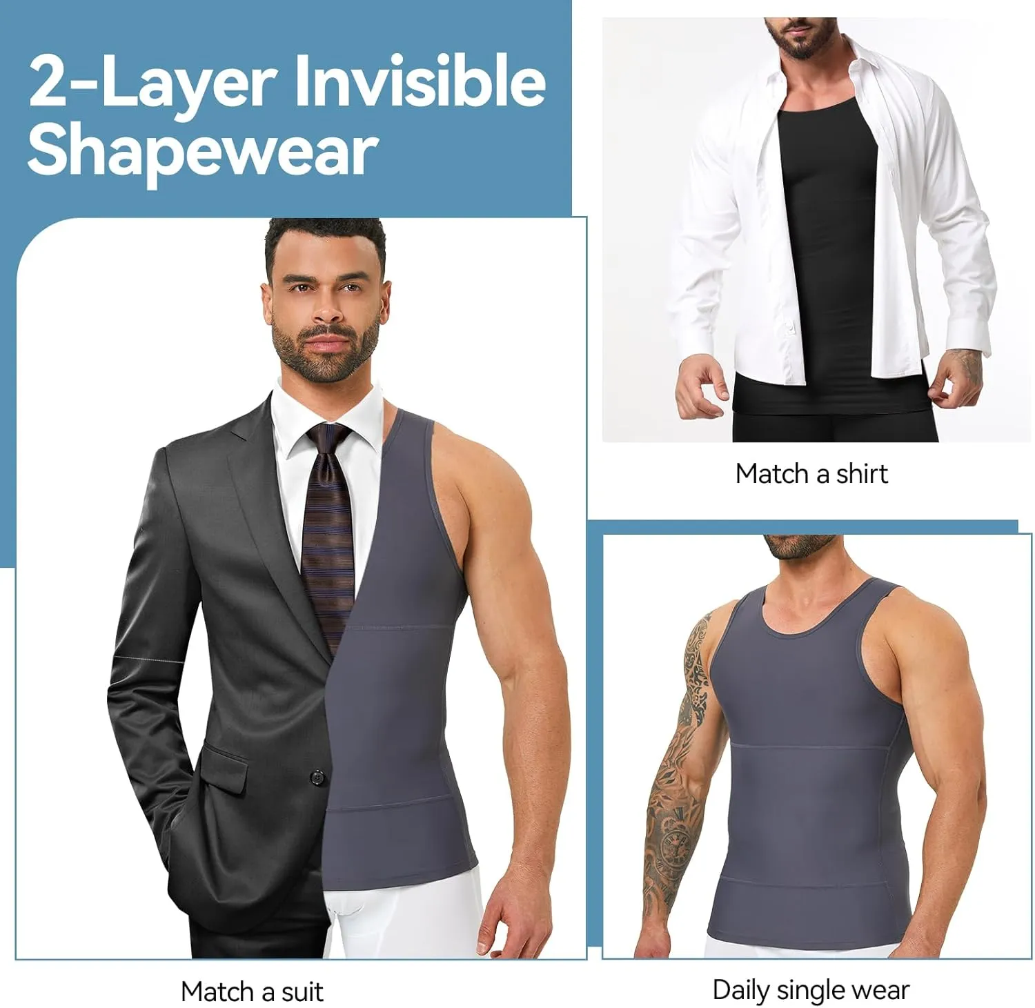 Mens Body Shaper, Compression Shapewear Vest Slimming Undershirt Tank Top, Tummy Control Chest, Hide Gynecomastia