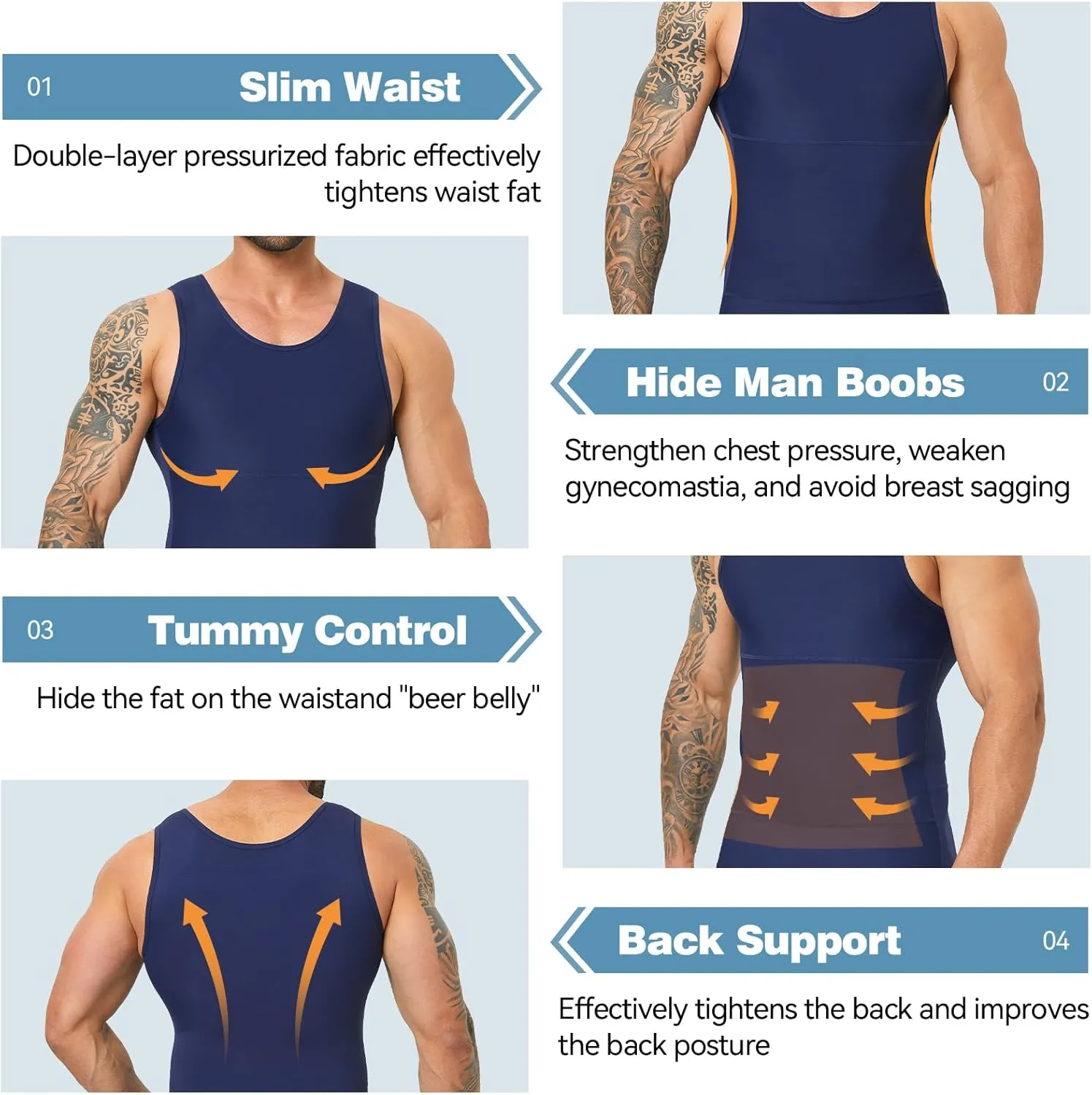 Mens Body Shaper, Compression Shapewear Vest Slimming Undershirt Tank Top, Tummy Control Chest, Hide Gynecomastia