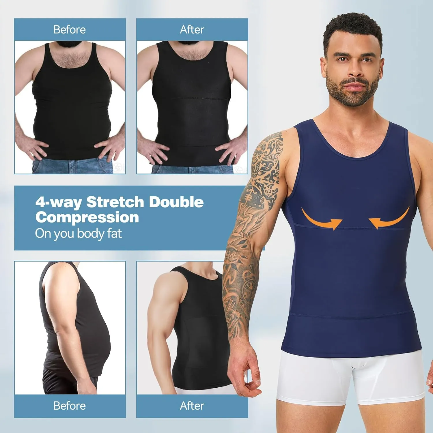 Mens Body Shaper, Compression Shapewear Vest Slimming Undershirt Tank Top, Tummy Control Chest, Hide Gynecomastia