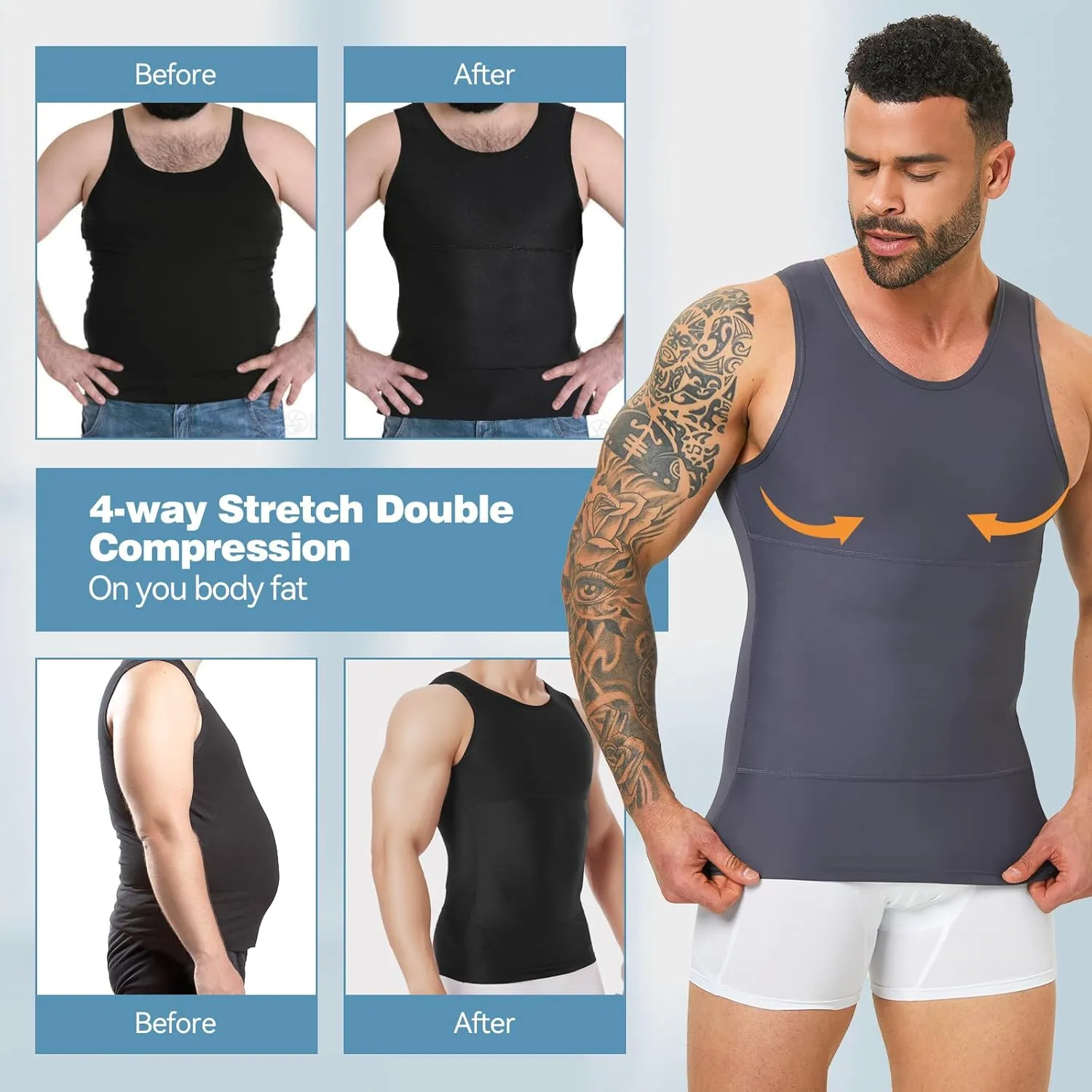Mens Body Shaper, Compression Shapewear Vest Slimming Undershirt Tank Top, Tummy Control Chest, Hide Gynecomastia