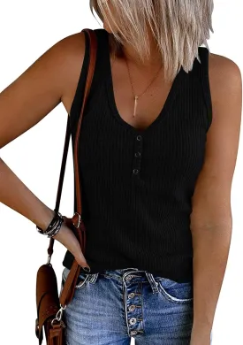 MEROKEETY Women's V Neck Tank Tops Summer Sleeveless Ribbed Button Casual Henley Shirts