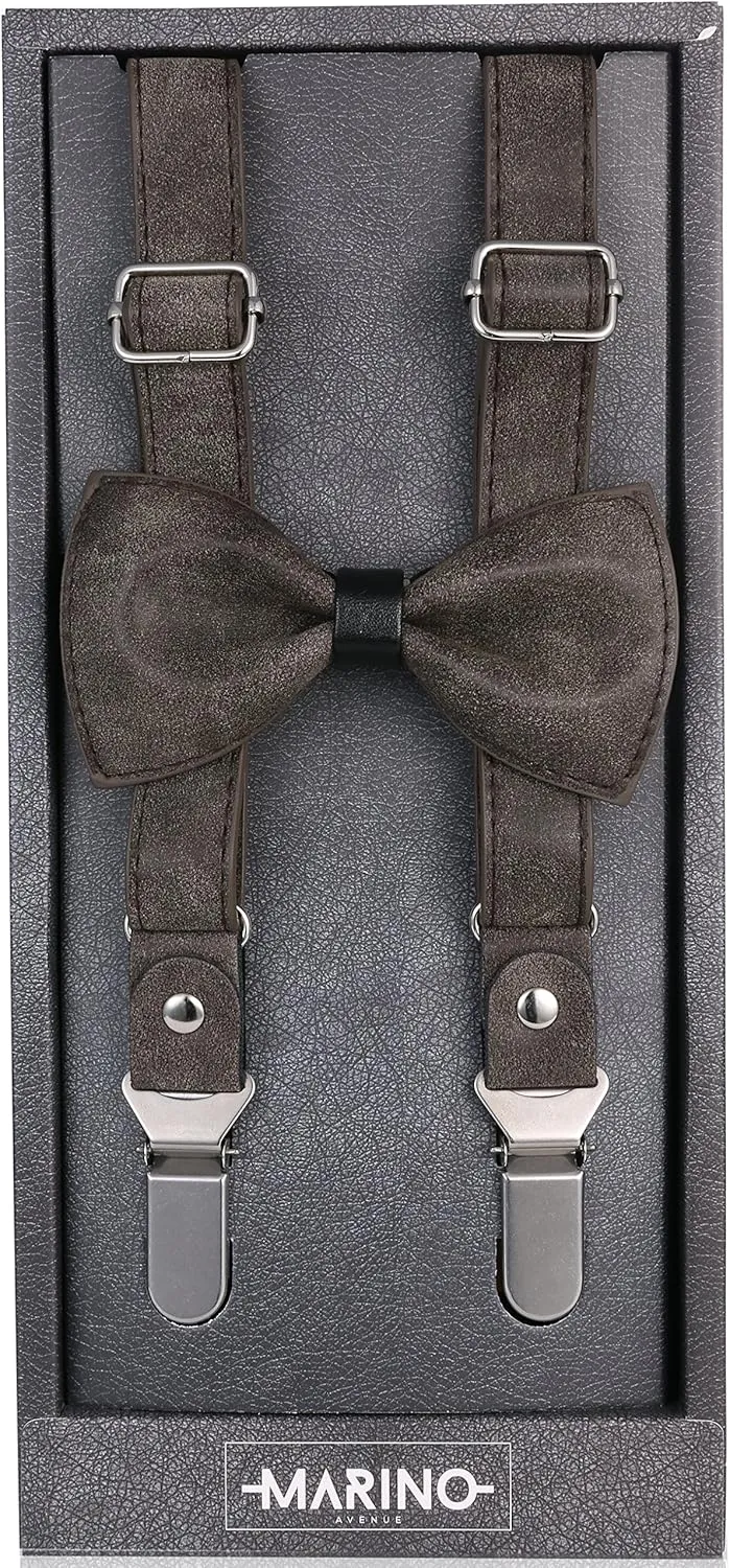 Mio Marino adjustable KLOOPE Leather Suspenders for Men - Fashion Y Back Bowtie Suspender Set