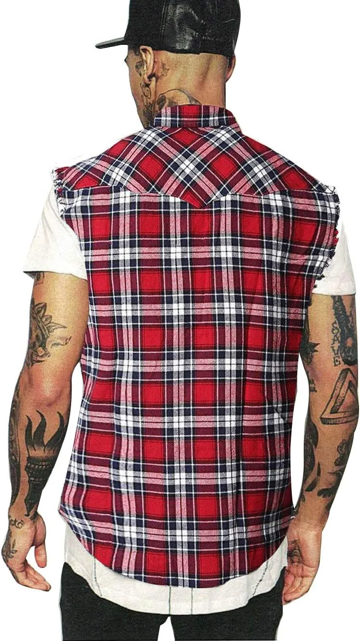 NUTEXROL Men's Casual Flannel Plaid Shirt Sleeveless Plus Size Vest