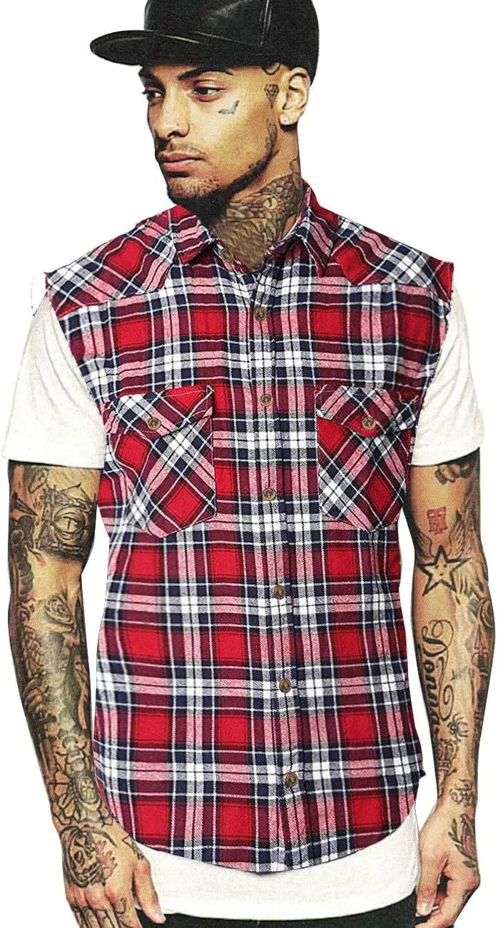 NUTEXROL Men's Casual Flannel Plaid Shirt Sleeveless Plus Size Vest