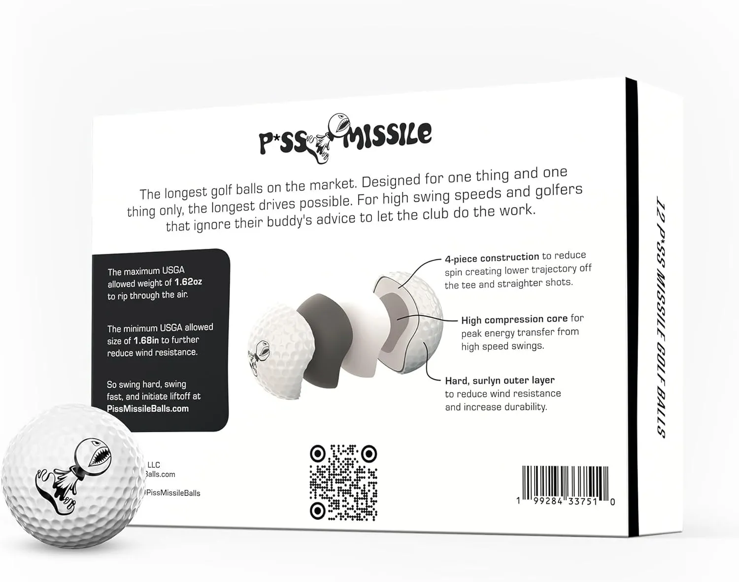 P*ss Missile Distance Golf Balls - 4-Piece Design, Surlyn Cover, High Compression Core - Lower Spin, Better Trajectory for Longer, Straighter Shots