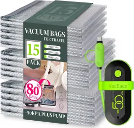 Travel Vacuum Storage Bags with USB Electric Pump, 15 Pack Compression Travel Packing Bags for Luggage and Suitcase, Carry-on Size Space Saver for Clothes and Clothing