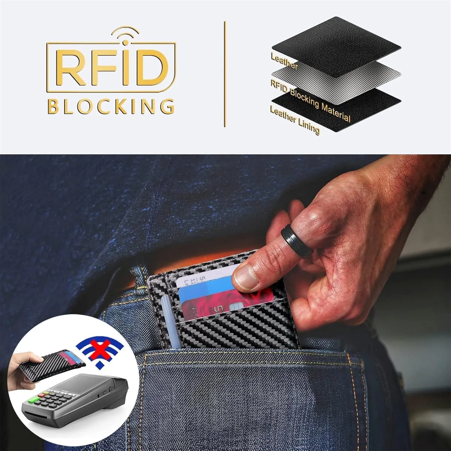 Travelambo Front Pocket Minimalist Leather Slim Wallet RFID Blocking Carbon Fiber Texture