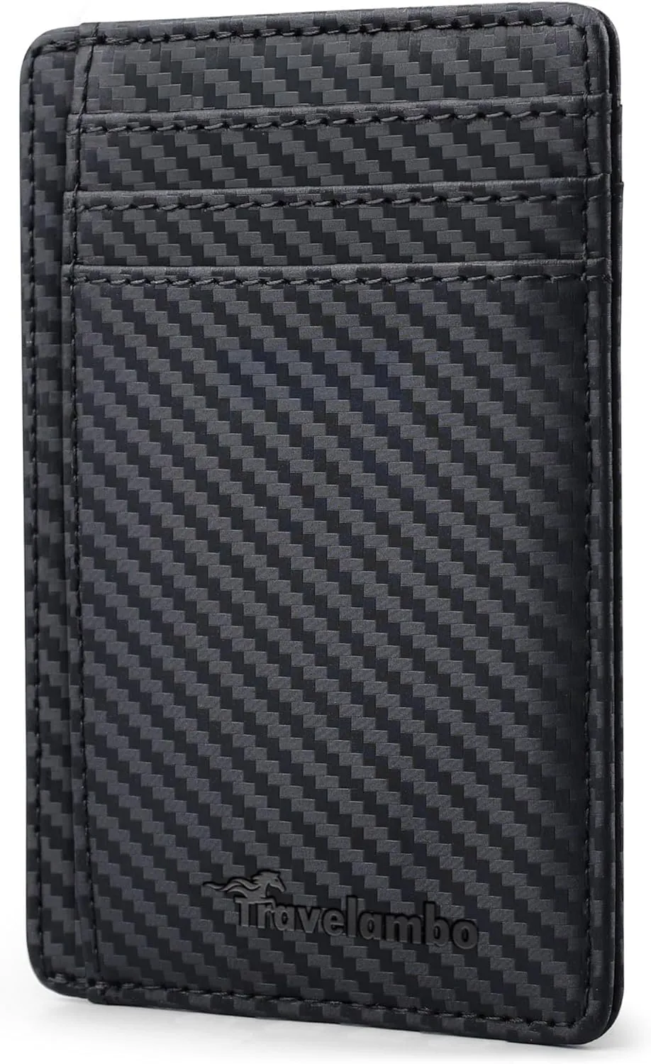 Travelambo Front Pocket Minimalist Leather Slim Wallet RFID Blocking Carbon Fiber Texture