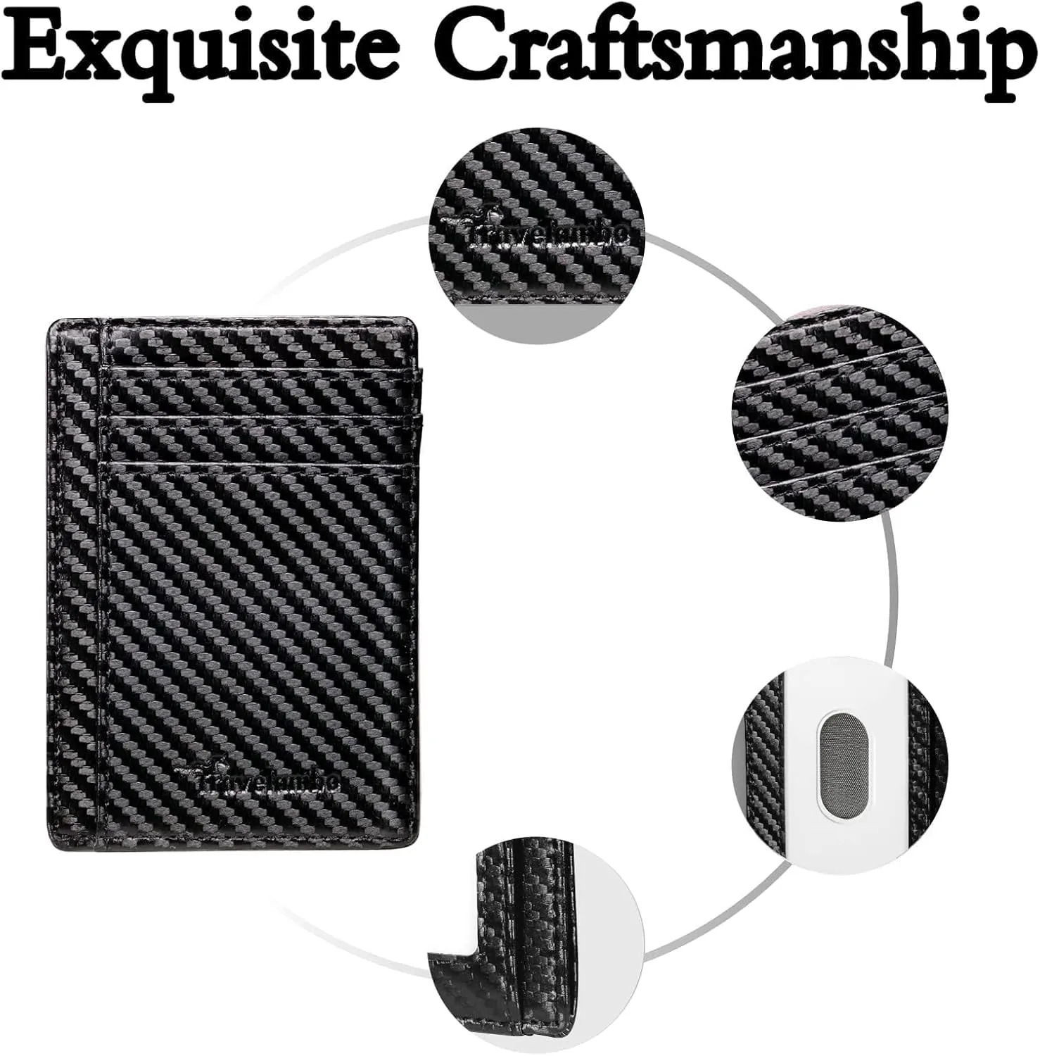 Travelambo Front Pocket Minimalist Leather Slim Wallet RFID Blocking Carbon Fiber Texture
