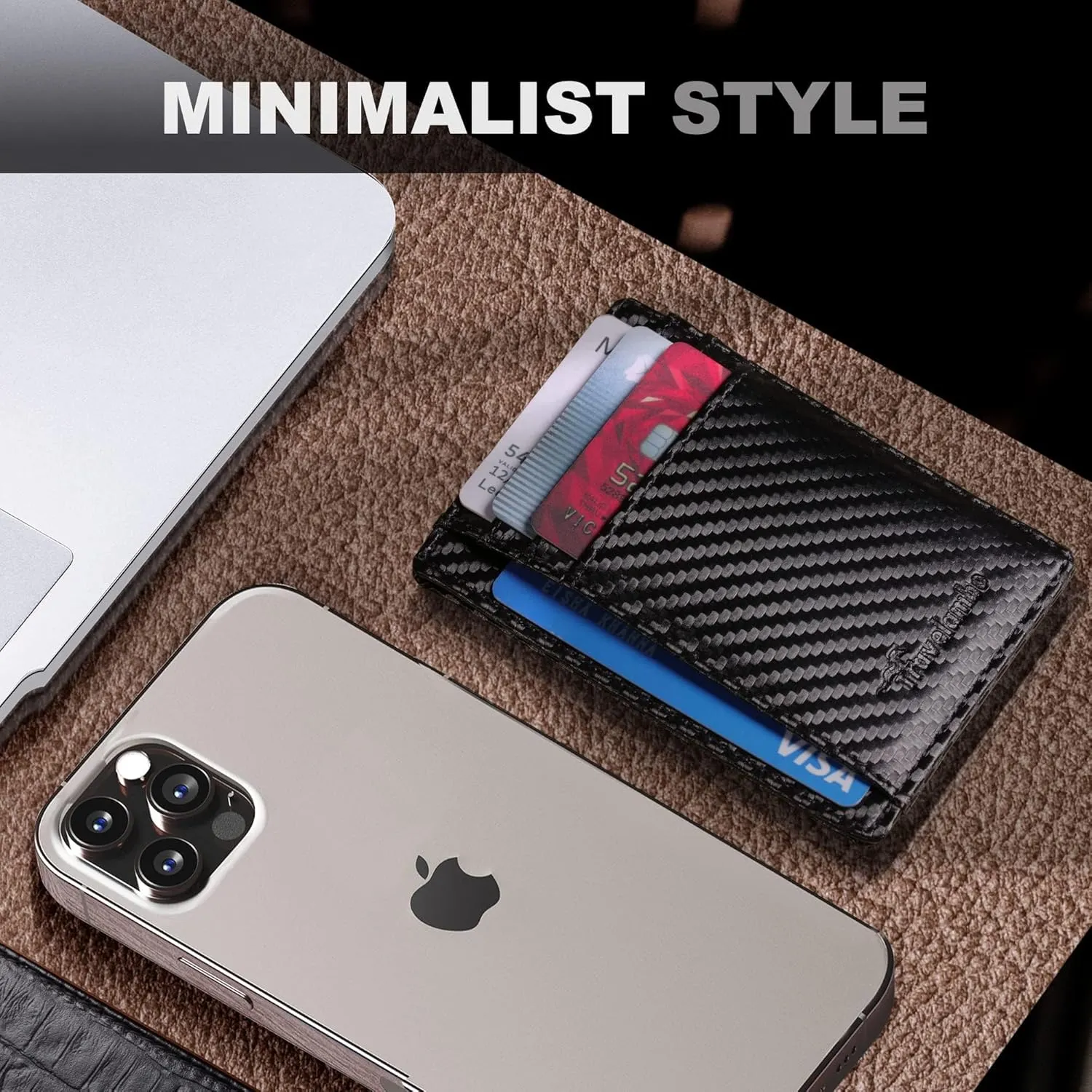 Travelambo Front Pocket Minimalist Leather Slim Wallet RFID Blocking Carbon Fiber Texture