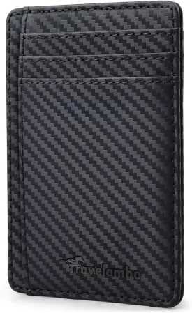 Travelambo Front Pocket Minimalist Leather Slim Wallet RFID Blocking Carbon Fiber Texture